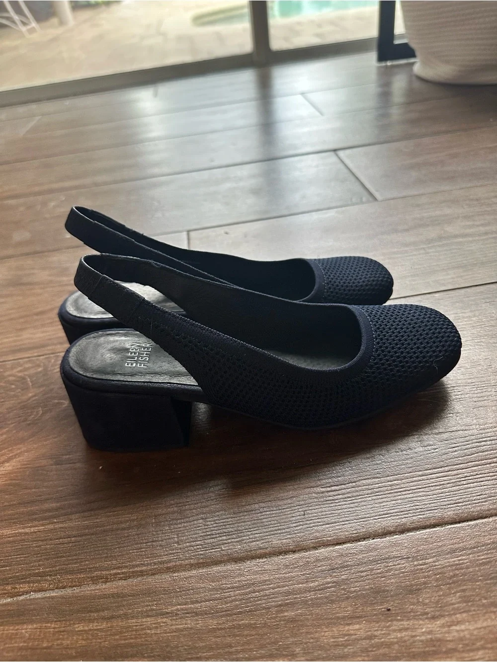 Eileen Fisher Navy Blue Yarn Knit Slingback Block Heel Pumps Size 8.5